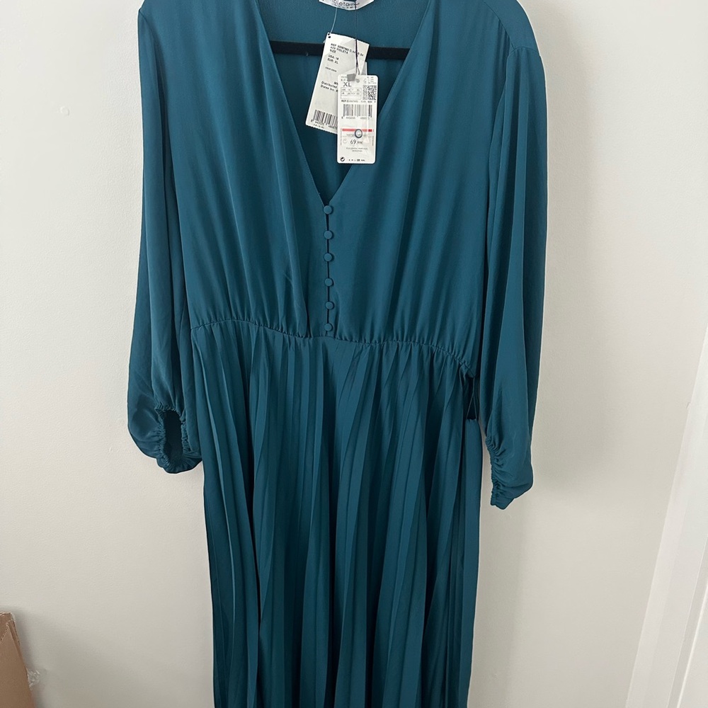 Women's Teal V-Neck Pleated Long Dress Mango NWT